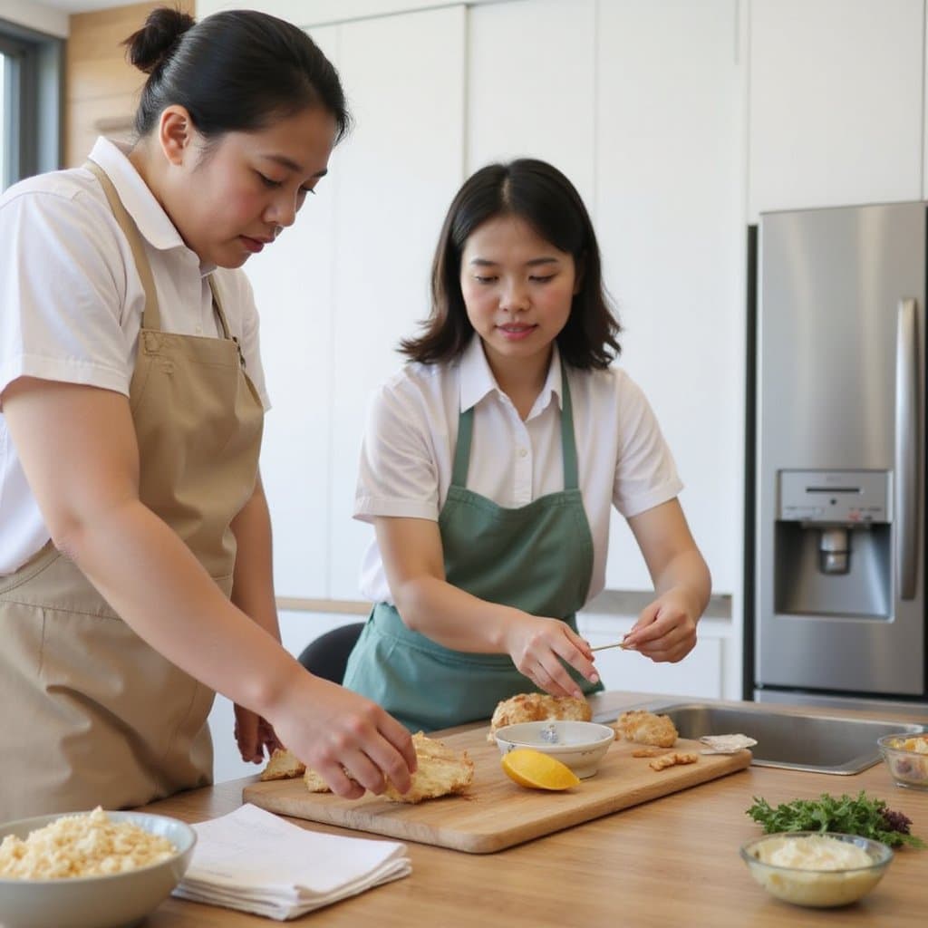 Domestic helpers cooking together