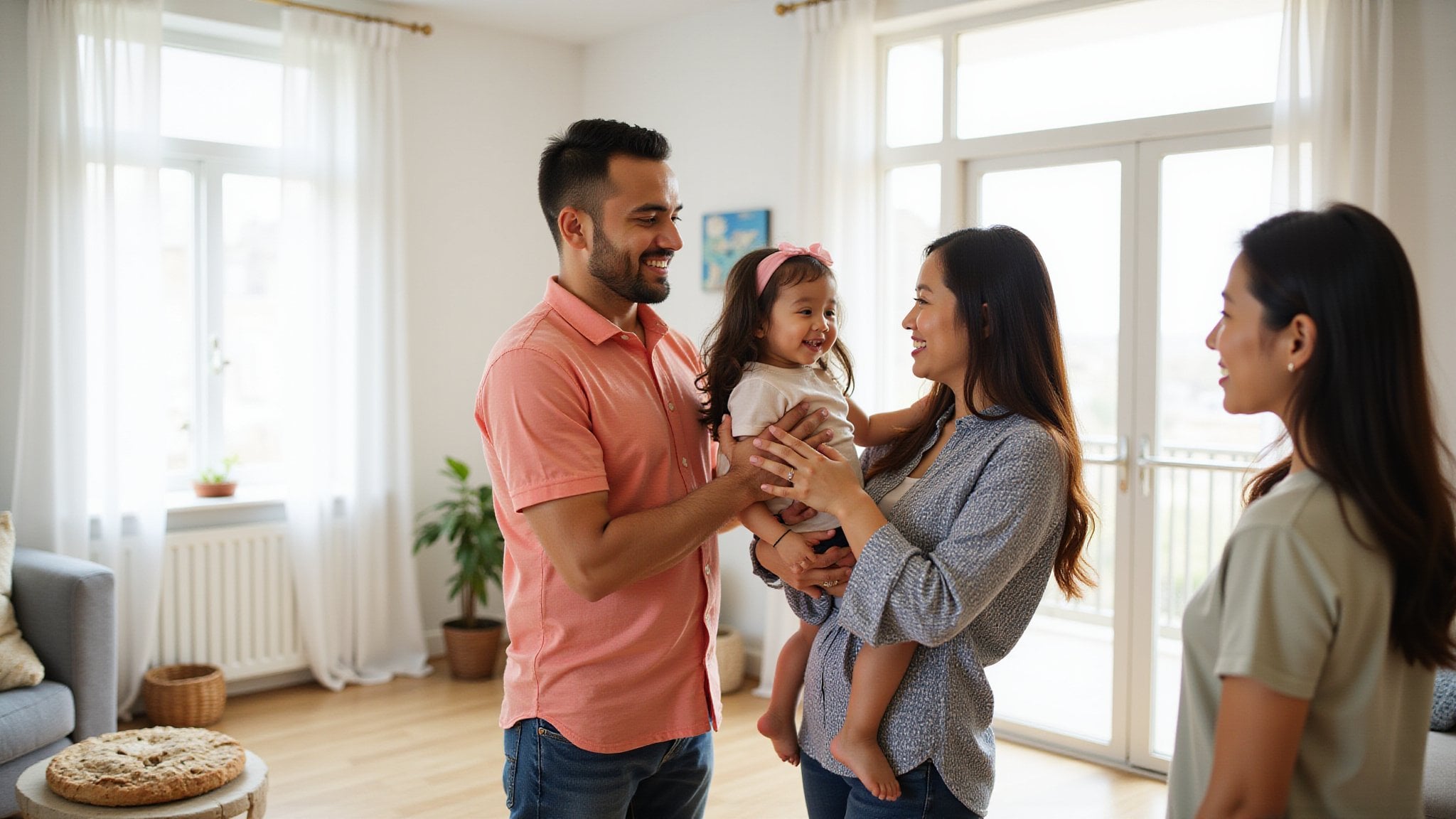 Happy family with domestic helper at home